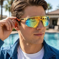 Eaga | Transparent Green Large Half Rim Shield Sports Sunglasses for Men & Women [Mirrored]