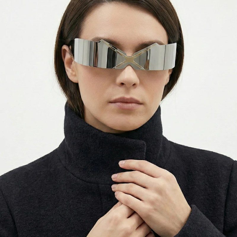 Eagle Silver-Black Medium Rim Less Shield Sunglasses for Men & Women — Hashtag Eyewears