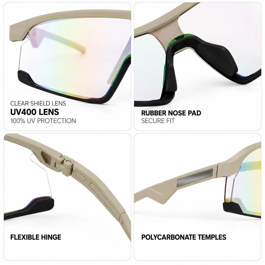 Pulse | Cream & Black Large Half Rim Shield Sports Sunglasses for Men & Women [MIRRORED]