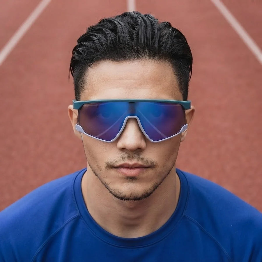 Eaga | Mate Green & Grey Large Half Rim Shield Sports Sunglasses for Men & Women [Mirrored]