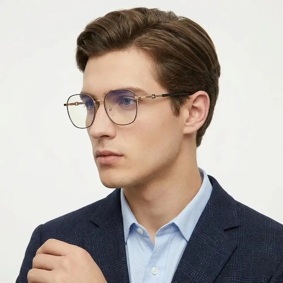 Frostis | Black & Gold Small Full Rim Hexagonal Computer Glasses for Men & Women [Blue Block]
