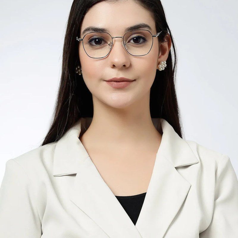 Frostis Black & Silver Small Full Rim Hexagonal Computer Glasses for Men & Women — Hashtag Eyewears