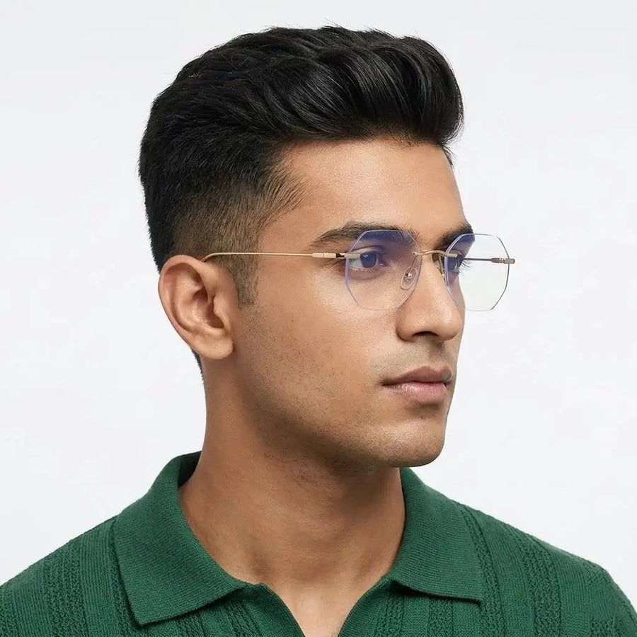 Hexora | Golden Medium Rim Less Octagon Computer Glasses for Men & Women [Blue Block]