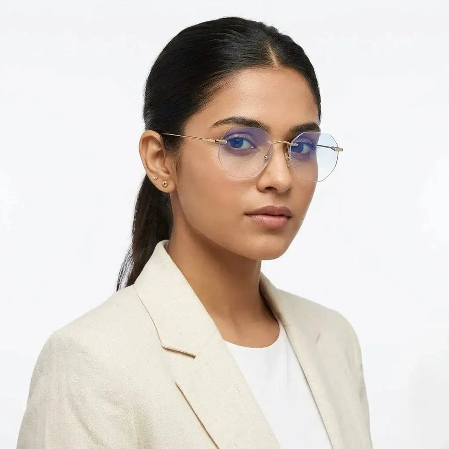 Hexora | Golden Medium Rim Less Octagon Computer Glasses for Men & Women [Blue Block]