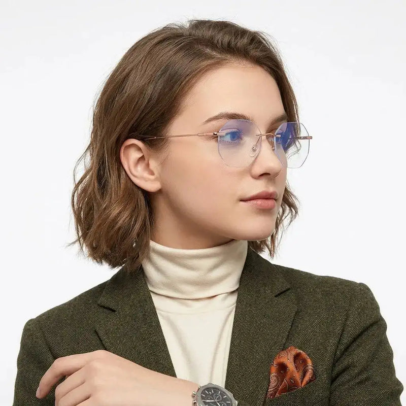 Hexora | Rose Gold Medium Rim Less Octagon Computer Glasses for Men & Women [Blue Block]