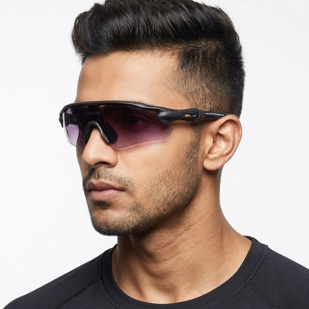 Chronos | Black Medium Half Rim Shield Sports Sunglasses for Men & Women [UV-protected]