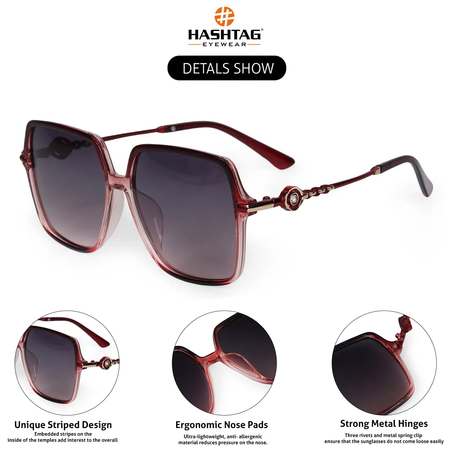 Noxara | Gradient Red Large Full Rim Square Sunglasses for Women [Polarized]