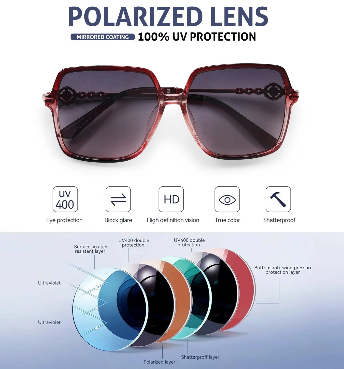 Noxara | Gradient Red Large Full Rim Square Sunglasses for Women [Polarized]