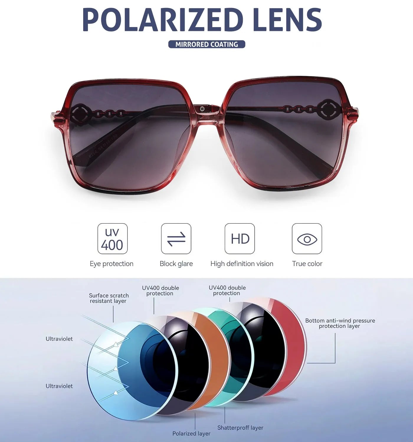 Noxara | Gradient Red Large Full Rim Square Sunglasses for Women [Polarized]