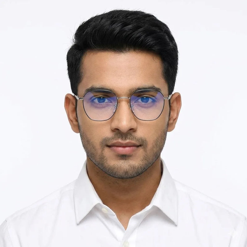 Frostis | Black & Silver Small Full Rim Hexagonal Computer Glasses for Men & Women [Blue Block]