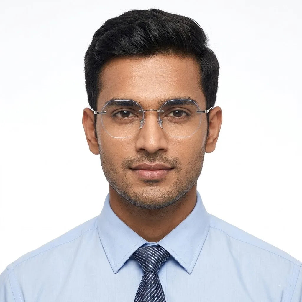 Hexora | Silver Medium Rim Less Octagon Computer Glasses for Men & Women [Blue Block]