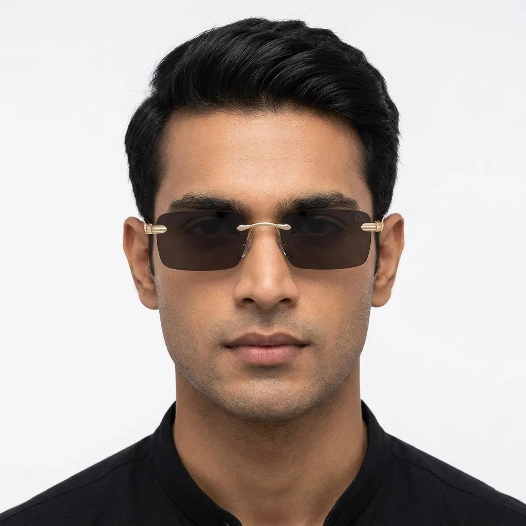Veyra | Golden Medium Rim Less Rectangle Sunglasses for Men [UV-protected]