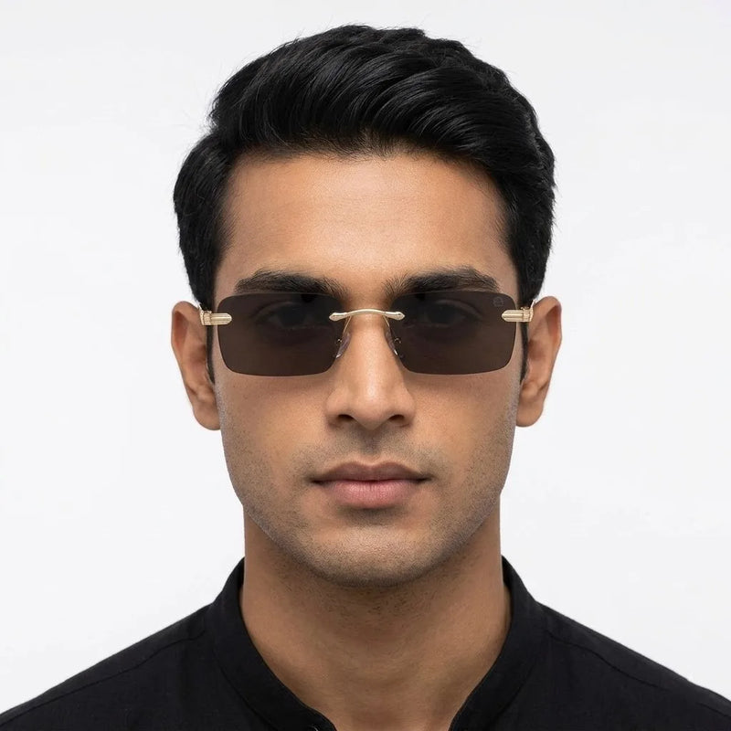 Veyra | Golden Medium Rim Less Rectangle Sunglasses for Men [UV-protected]