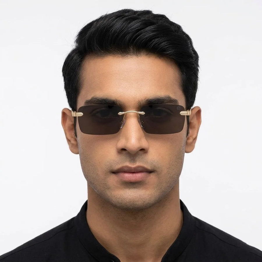 Veyra | Golden Medium Rim Less Rectangle Sunglasses for Men [UV-protected]