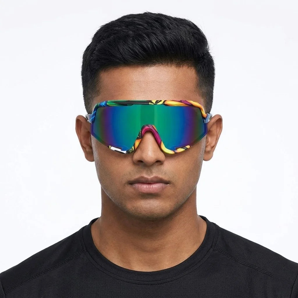 Nexis | Blue/ Green Large Full Rim Shield Sports Sunglasses for Men & Women [UV-protected]