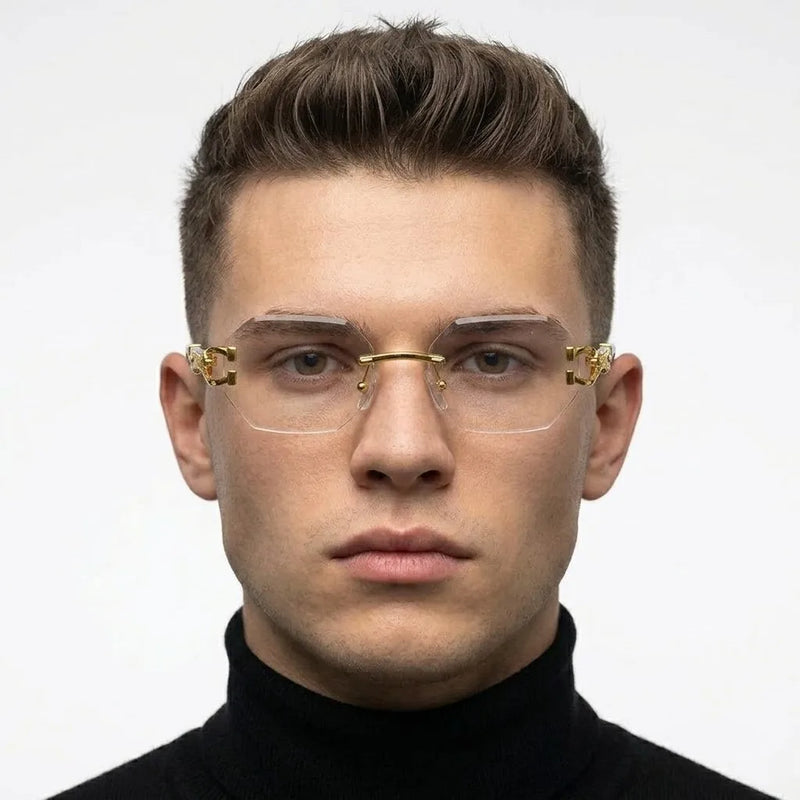 Astrolis | Golden Medium Rim Less Hexagonal Eyeglasses for Men [UV-protected]