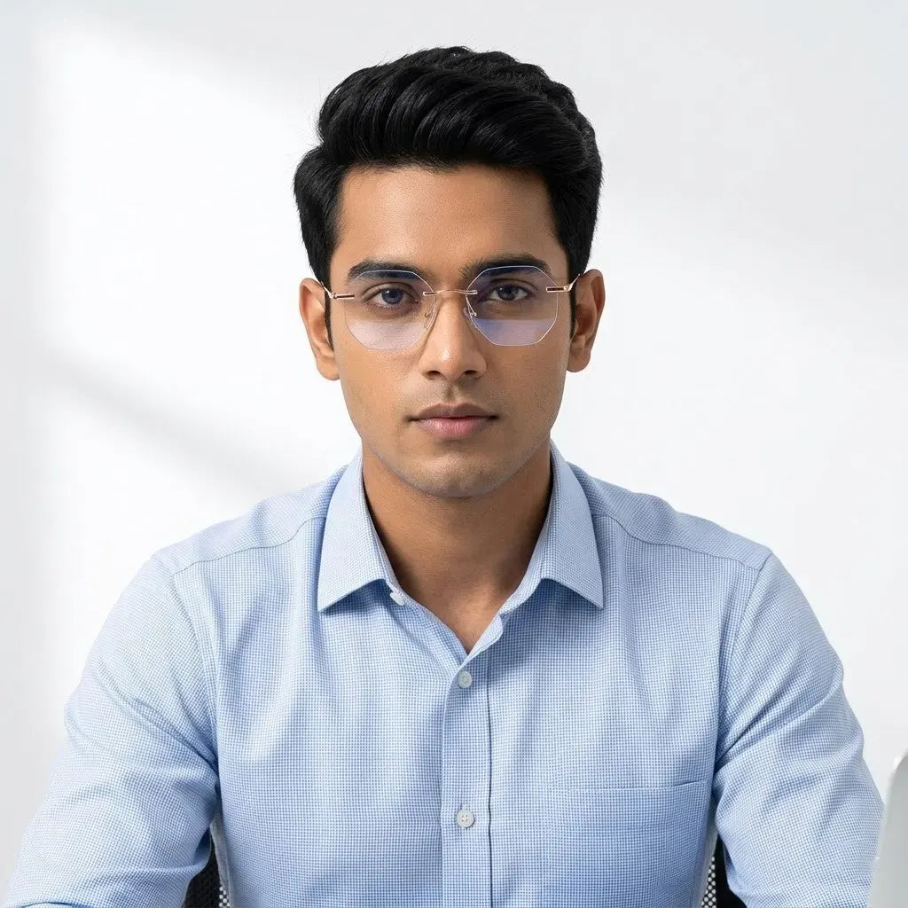 Hexora | Rose Gold Medium Rim Less Octagon Computer Glasses for Men & Women [Blue Block]