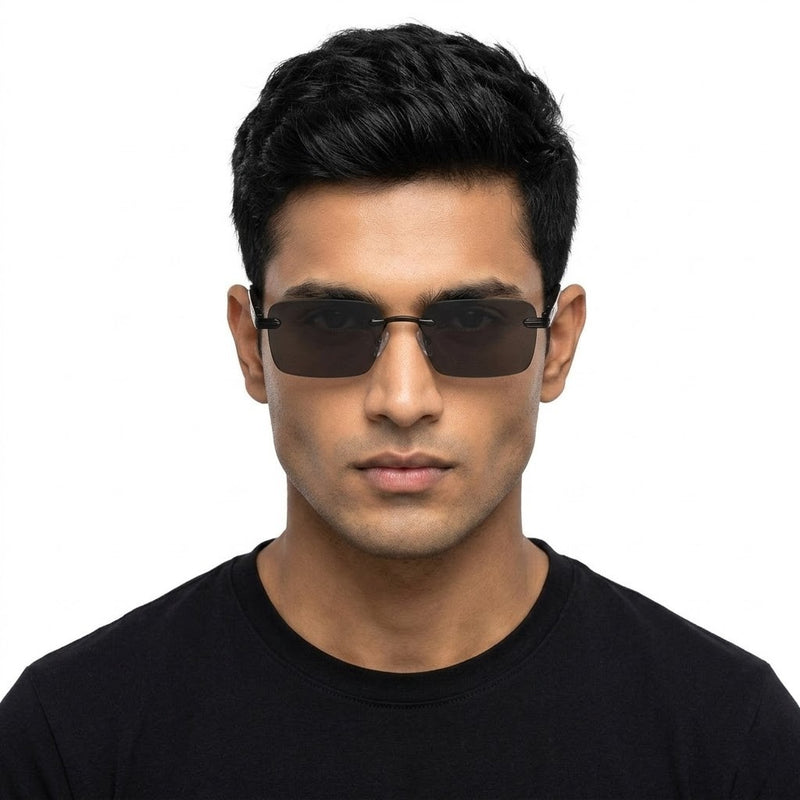 Veyra | Black Medium Rim Less Rectangle Sunglasses for Men [UV-protected]