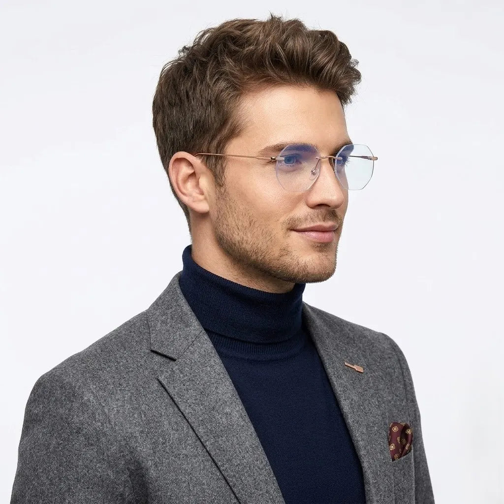 Hexora | Rose Gold Medium Rim Less Octagon Computer Glasses for Men & Women [Blue Block]