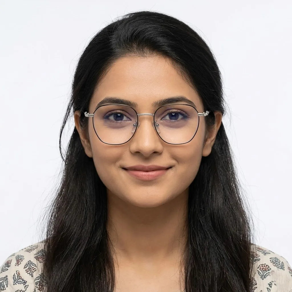 Frostis | Black & Silver Small Full Rim Hexagonal Computer Glasses for Men & Women [Blue Block]