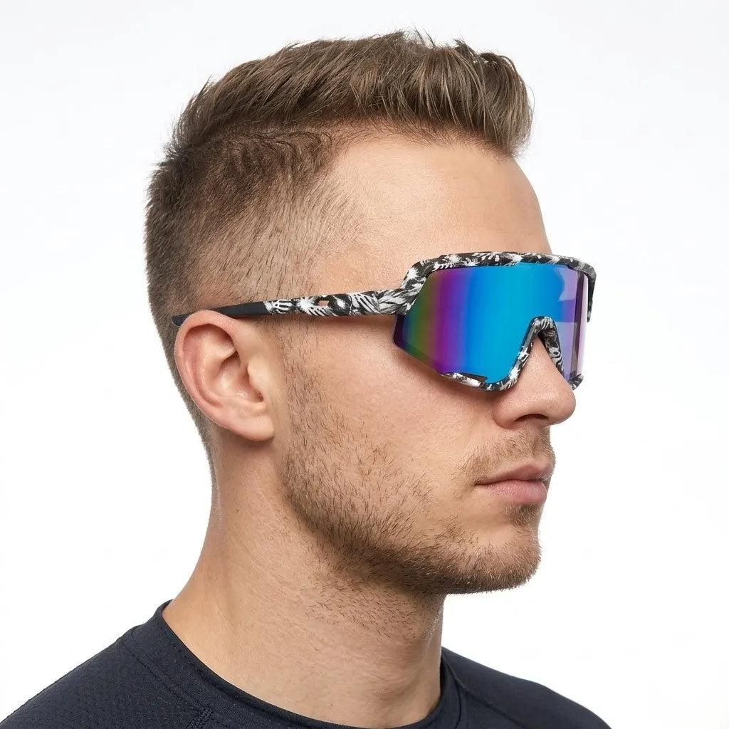Nexis | Black/White/Texture Large Full Rim Shield Sports Sunglasses for Men & Women [UV-protected]