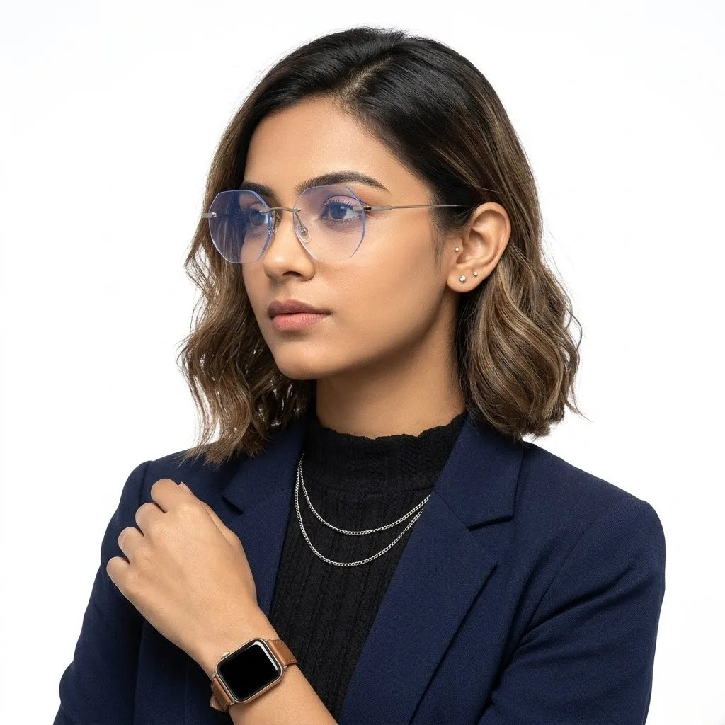 Hexora | Silver Medium Rim Less Octagon Computer Glasses for Men & Women [Blue Block]