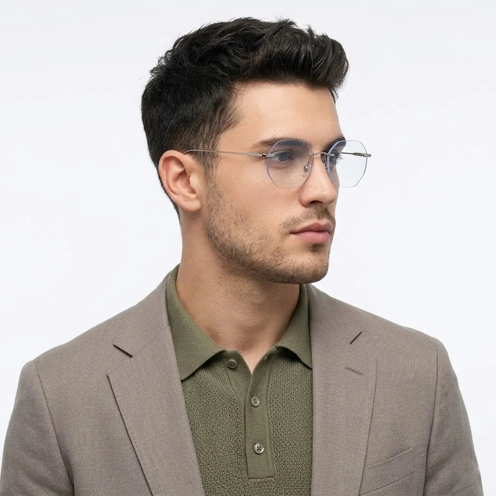 Hexora | Silver Medium Rim Less Octagon Computer Glasses for Men & Women [Blue Block]