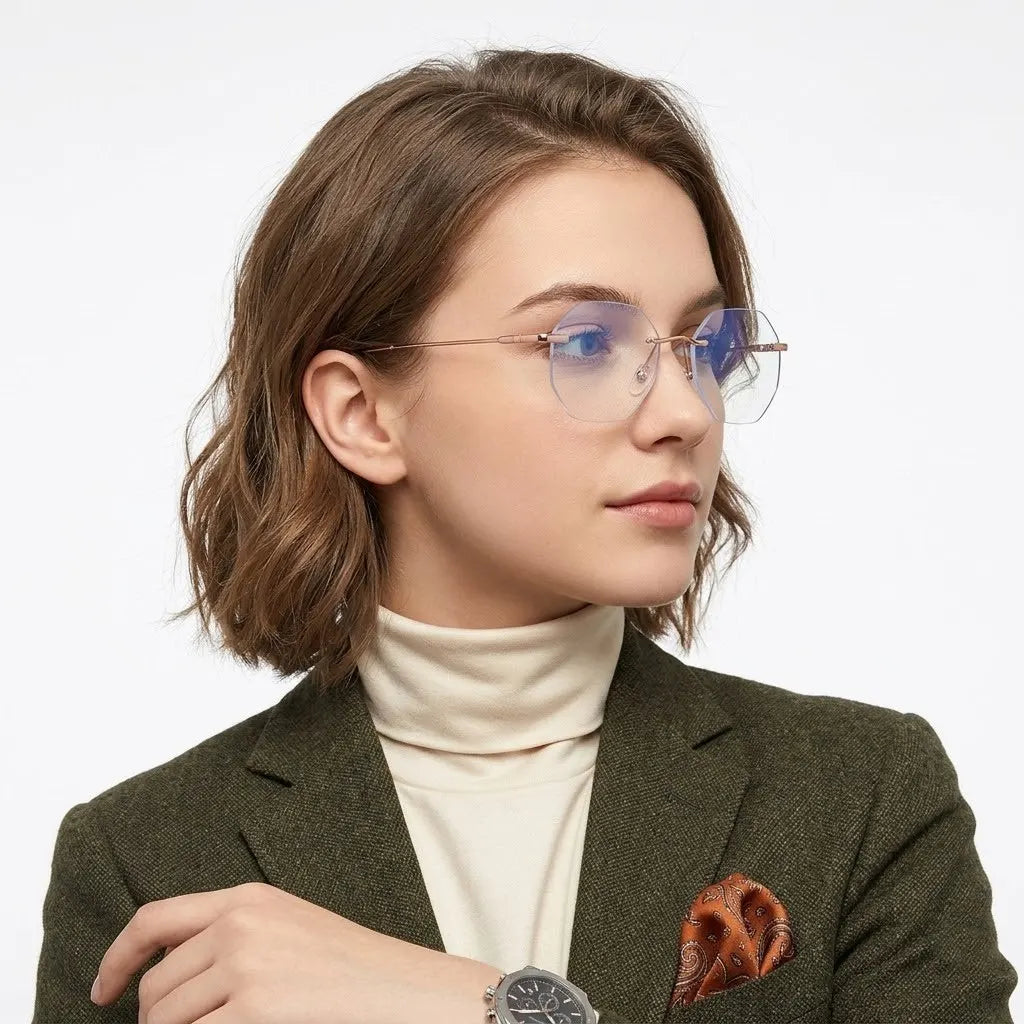 Hexora | Rose Gold Medium Rim Less Octagon Computer Glasses for Men & Women [Blue Block]