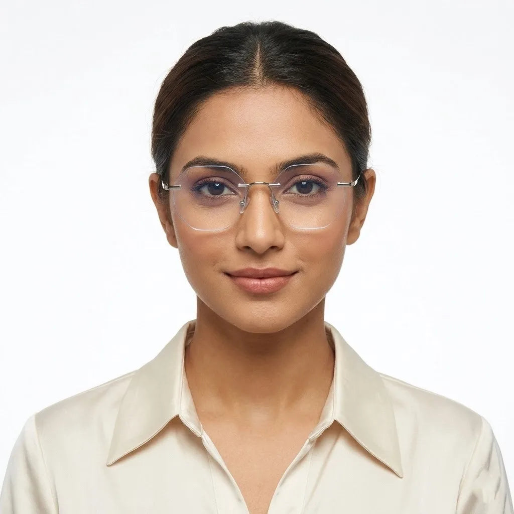 Hexora | Silver Medium Rim Less Octagon Computer Glasses for Men & Women [Blue Block]