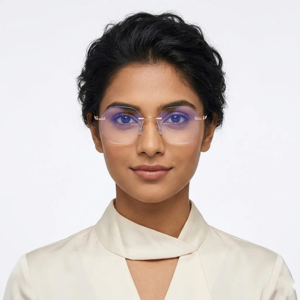 Hexora | Rose Gold Medium Rim Less Octagon Computer Glasses for Men & Women [Blue Block]