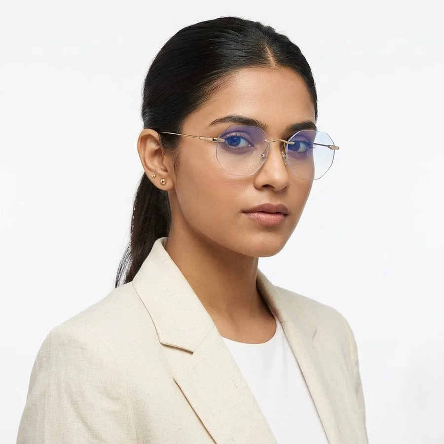Hexora | Golden Medium Rim Less Octagon Computer Glasses for Men & Women [Blue Block]