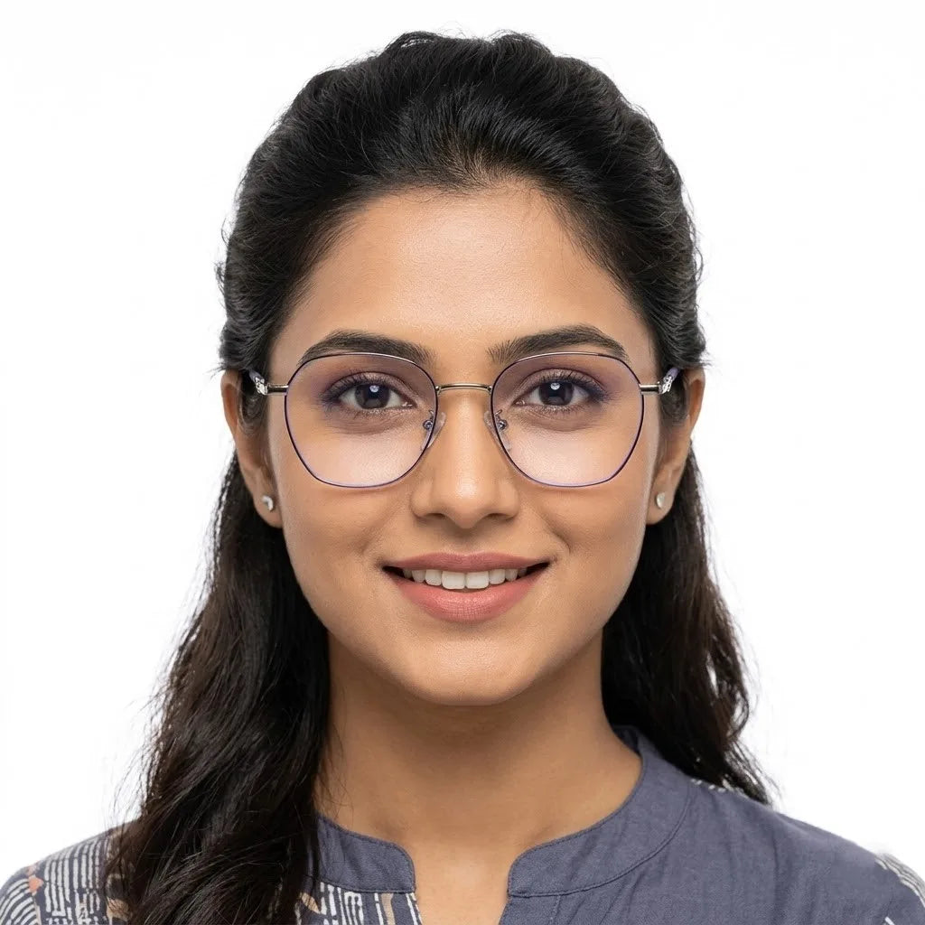 Frostis | Silver & Purple Small Full Rim Hexagonal Computer Glasses for Men & Women [Blue Block]