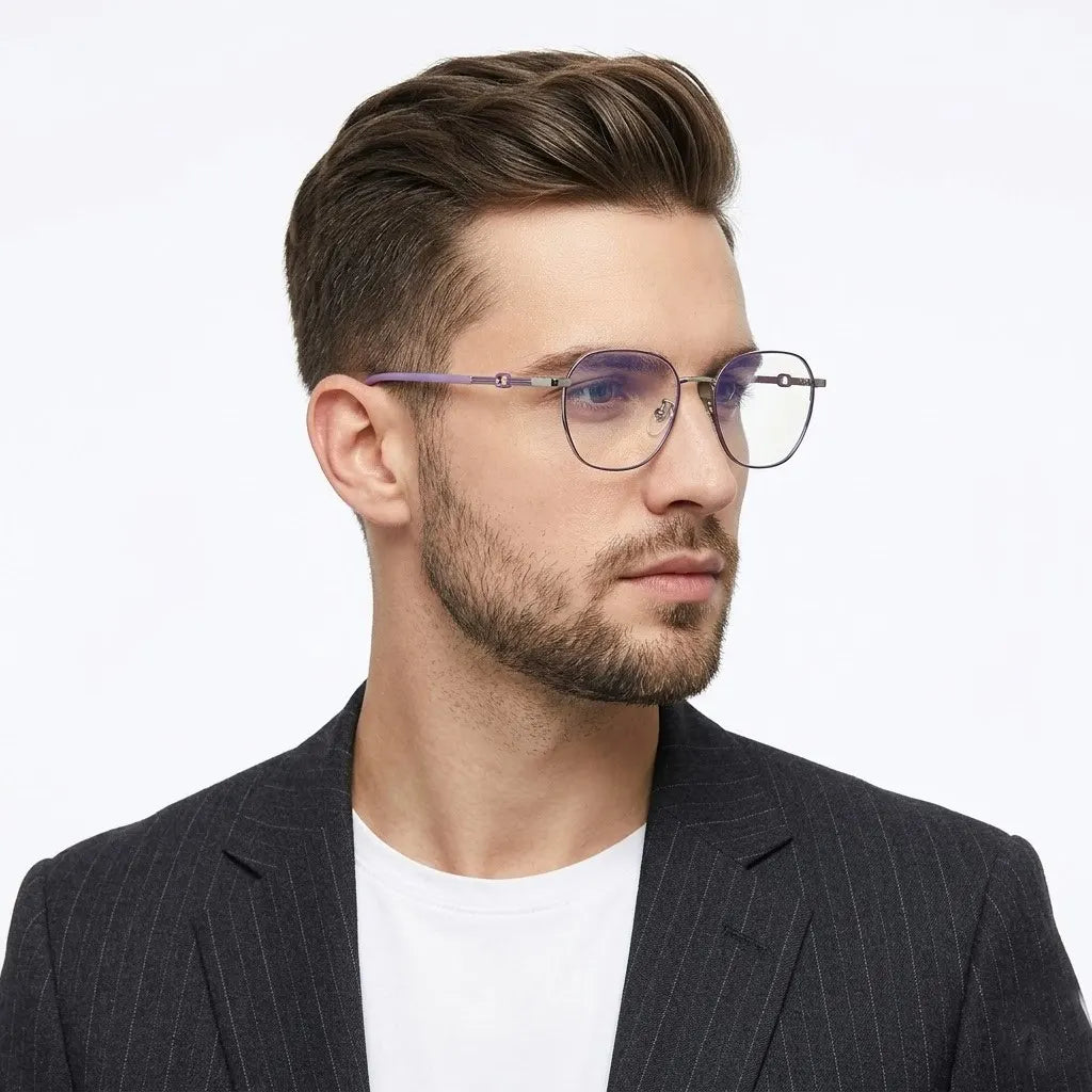 Frostis | Silver & Purple Small Full Rim Hexagonal Computer Glasses for Men & Women [Blue Block]