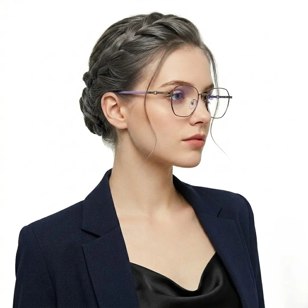 Frostis | Silver & Purple Small Full Rim Hexagonal Computer Glasses for Men & Women [Blue Block]
