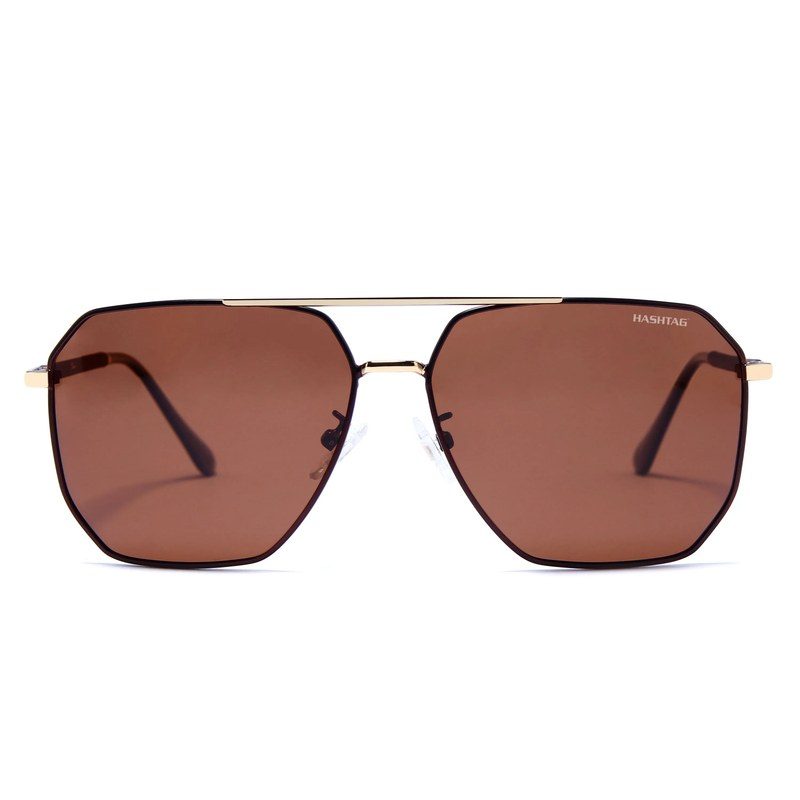Lenis Golden & Brown Large Full Rim Hexagonal Sunglasses for Men & Women — Hashtag Eyewears