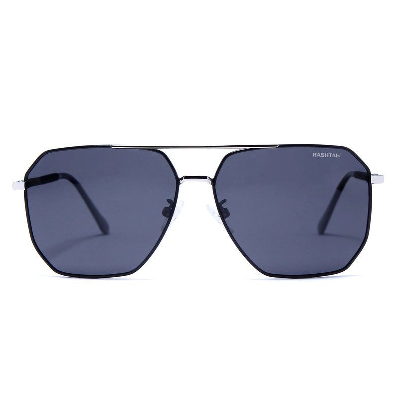Lenis Silver & Black Large Full Rim Haxagonal Sunglasses for Men & Women — Hashtag Eyewears