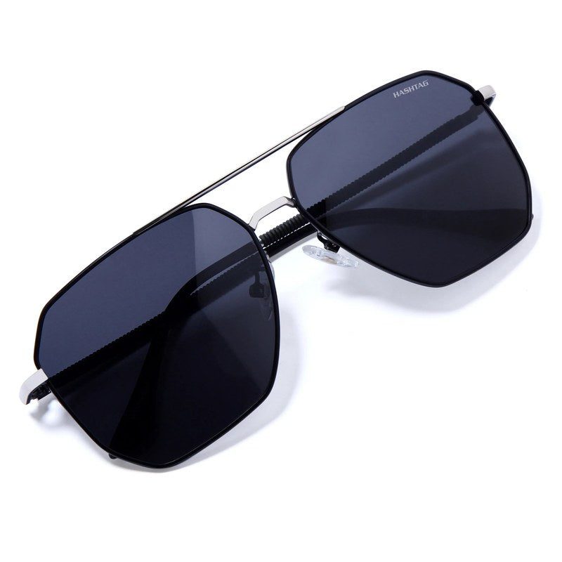 Lenis Silver & Black Large Full Rim Haxagonal Sunglasses for Men & Women — Hashtag Eyewears