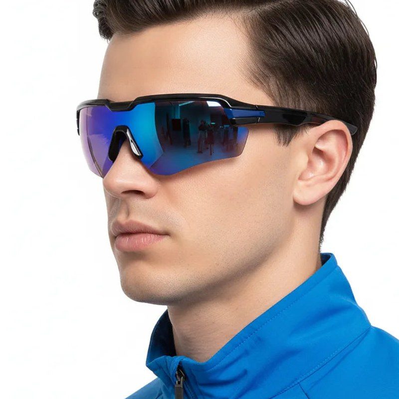 Lumina Black/Blue Large Half Rim Shield Sports Sunglasses for Men & Women — Hashtag Eyewears