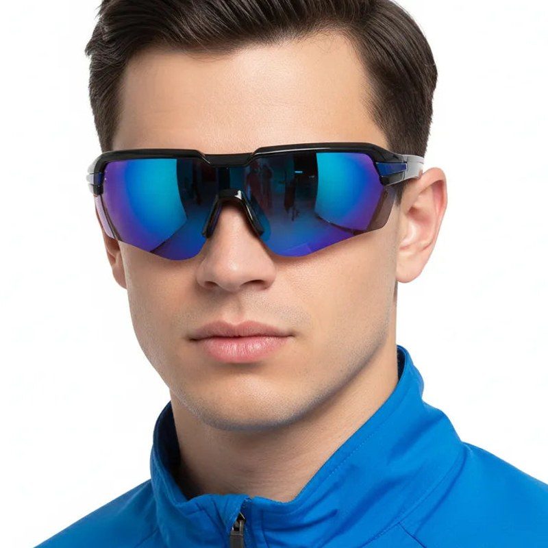 Lumina Black/Blue Large Half Rim Shield Sports Sunglasses for Men & Women — Hashtag Eyewears