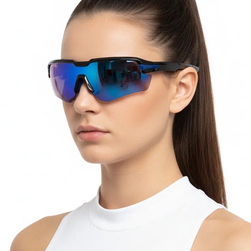 Lumina Black/Blue Large Half Rim Shield Sports Sunglasses for Men & Women — Hashtag Eyewears