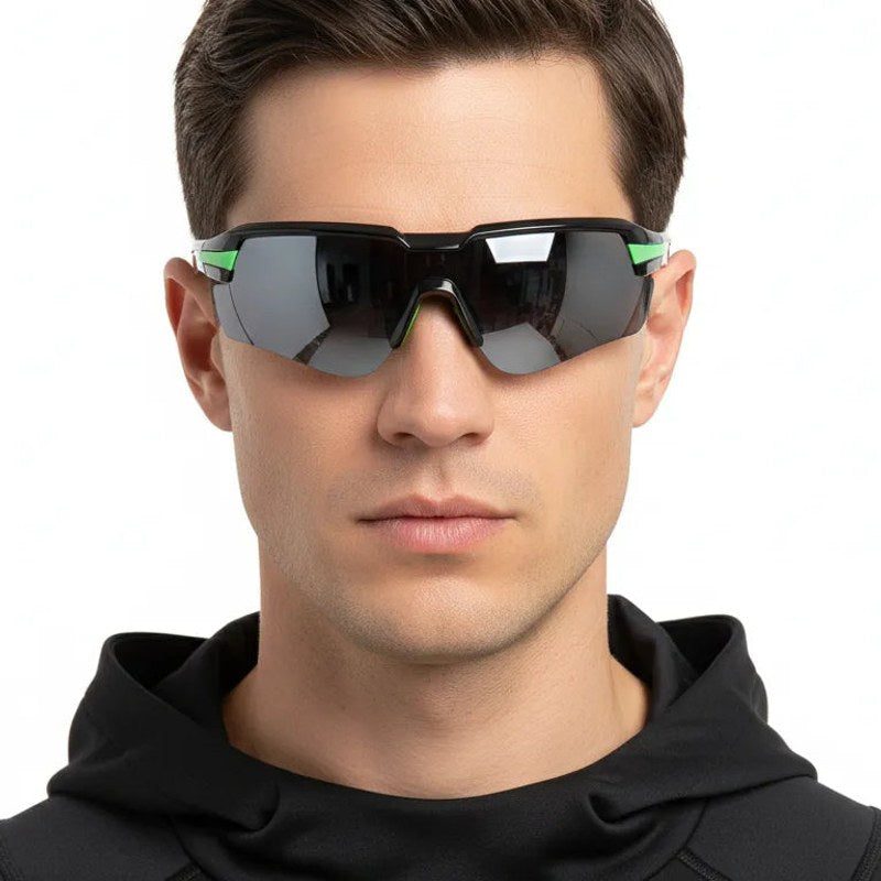 Lumina Black/Green Large Half Rim Shield Sports Sunglasses for Men & Women — Hashtag Eyewears