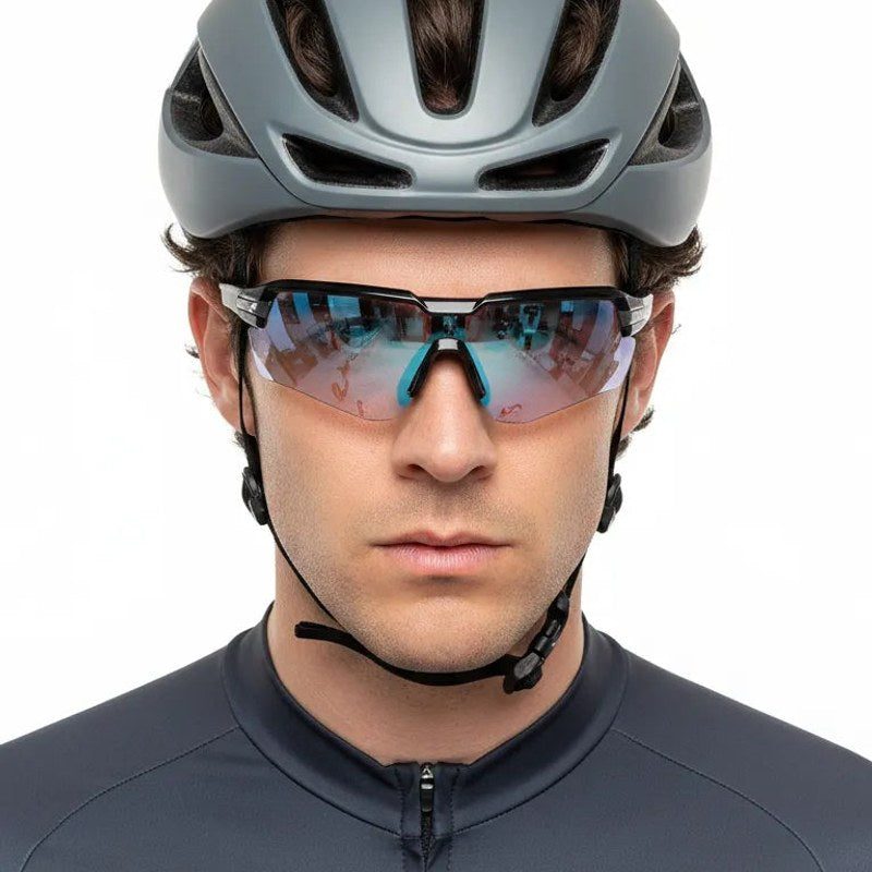 Lumina Black/Grey Large Half Rim Shield Sports Sunglasses for Men & Women — Hashtag Eyewears