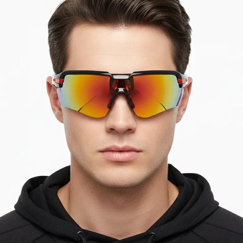 Lumina | Black/Red Large Half Rim Shield Sports Sunglasses for Men & Women [UV-protected]