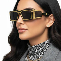 Lythara Golden & Black Medium Full Rim Rectangle Sunglasses for Men & Women — Hashtag Eyewears