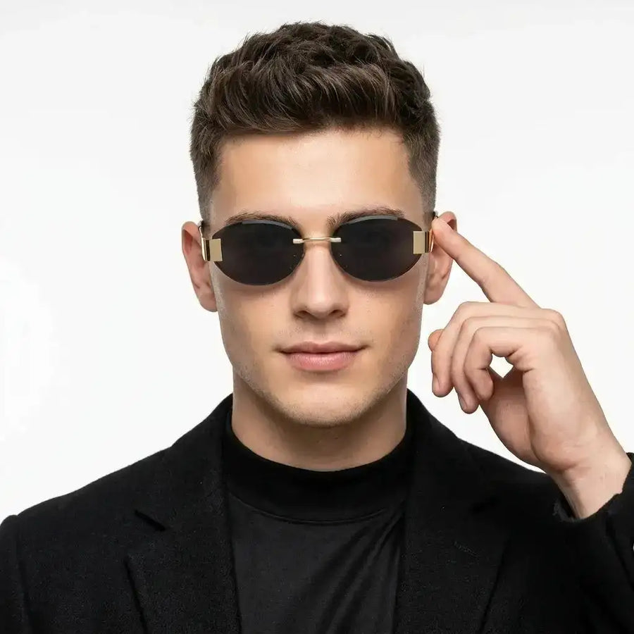 Midnight | Black Medium Rim Less Oval Sunglasses for Men & Women [UV-protected]