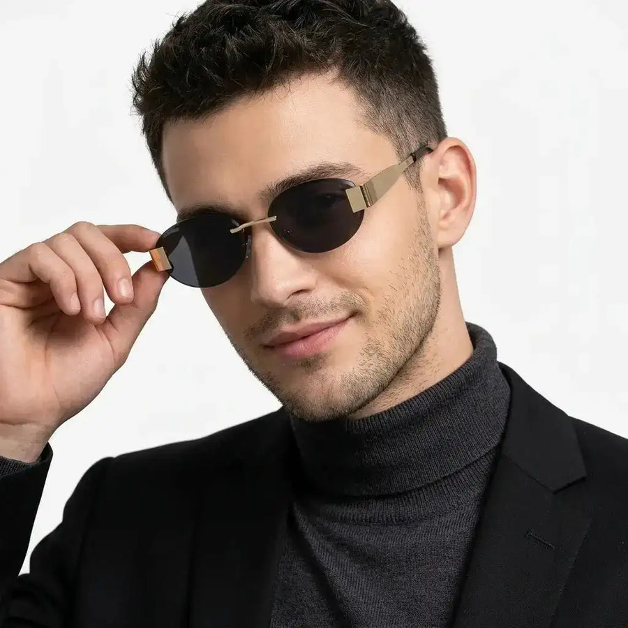 Midnight | Black Medium Rim Less Oval Sunglasses for Men & Women [UV-protected]
