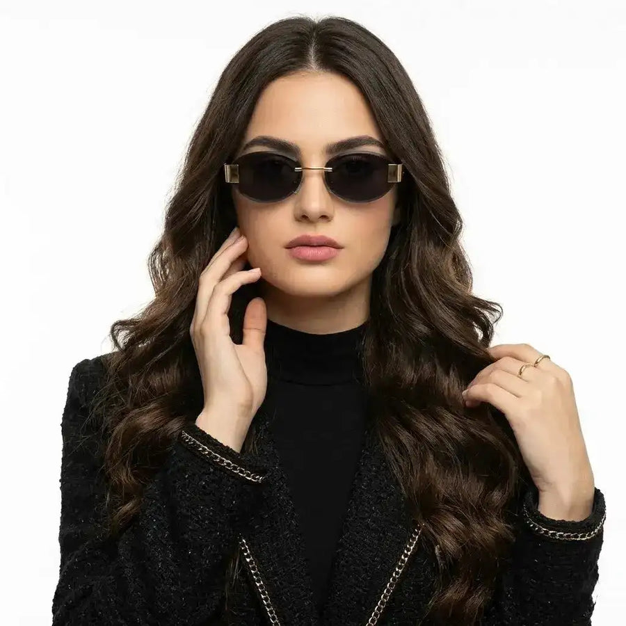 Midnight | Black Medium Rim Less Oval Sunglasses for Men & Women [UV-protected]
