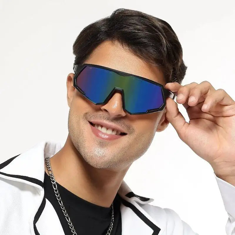 Myrion | Black Medium Full Rim Shield Sports Sunglasses for Men & Women [UV-protected]