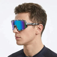 Nexis | Black/White/Texture Large Full Rim Shield Sports Sunglasses for Men & Women [UV-protected]