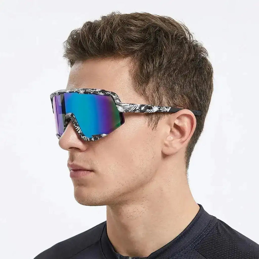 Nexis | Black/White/Texture Large Full Rim Shield Sports Sunglasses for Men & Women [UV-protected]